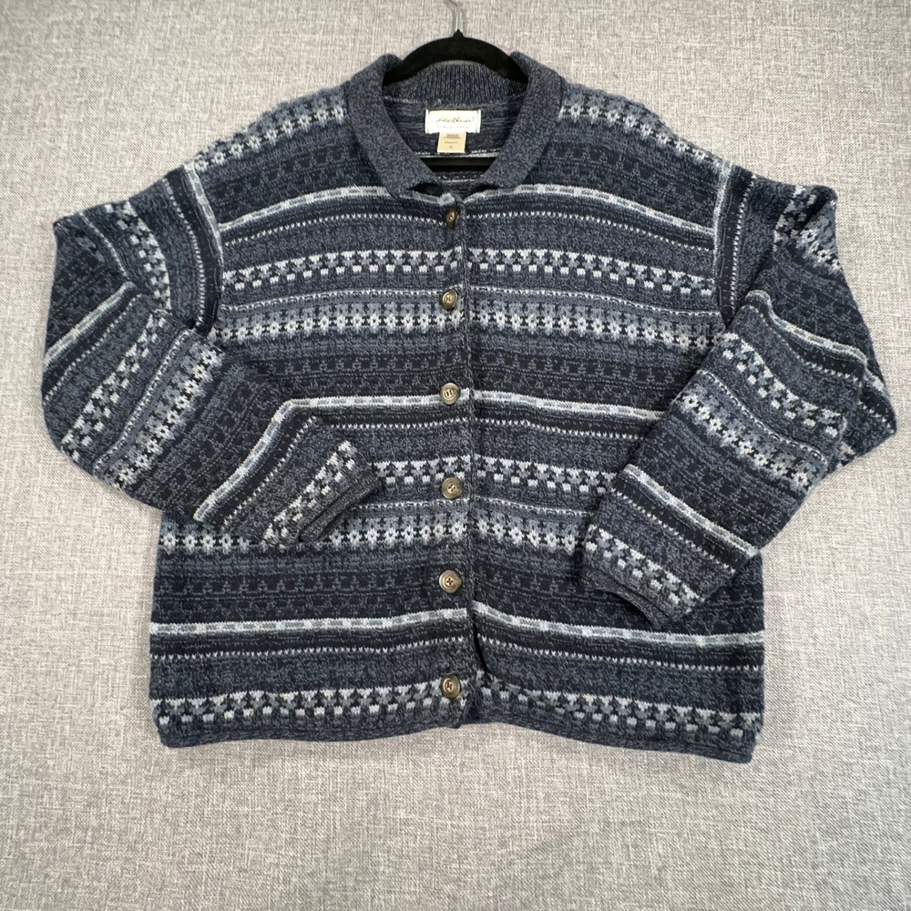 Vintage Eddie Bauer Fair Isle Cardigan Sweater Womens XL Button Made in USA READ